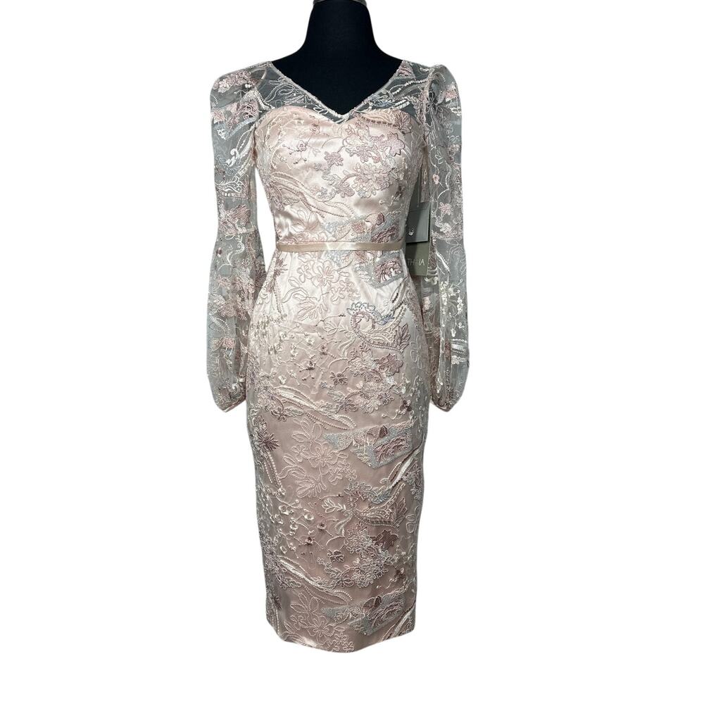 Theia Couture Embroidered Sequin Illusion Sleeve Midi Dress Formal Pink Sz 00